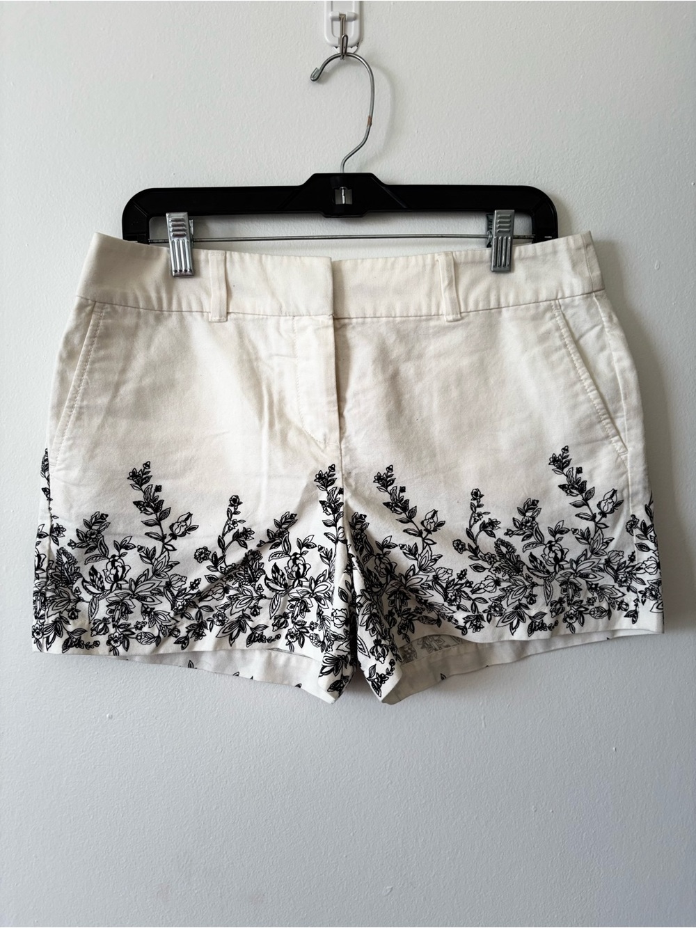 LOFT Cream High-Waist Shorts with Black Floral Embroidery